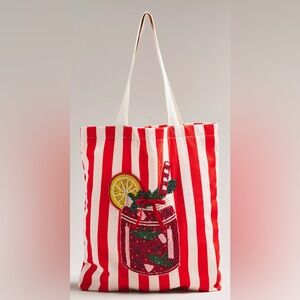 Anthropologie Beaded Canvas Tote Bag Red and White Striped, Bloody Mary , NWT
